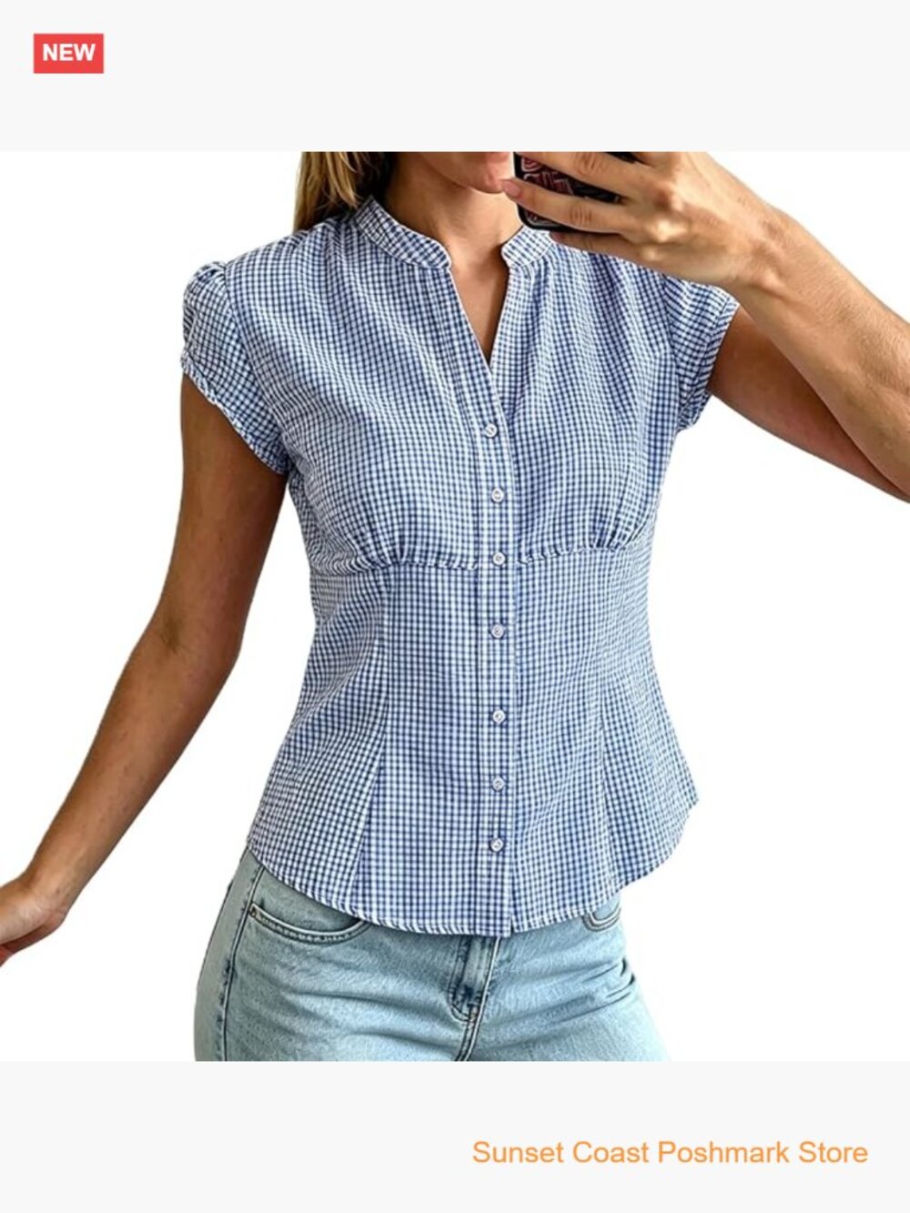 Cap Sleeve Gingham Button Down Shirt Plaid Top Y2K Blouse Streetwear Summer